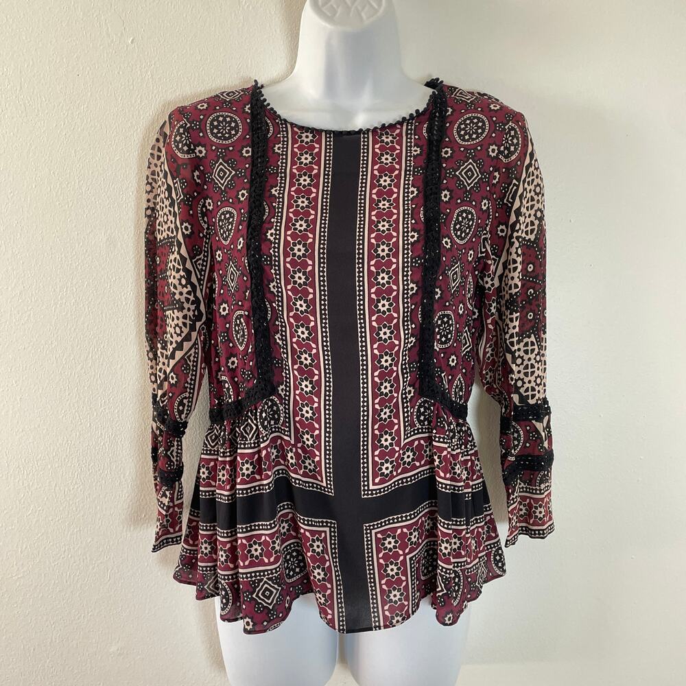 SEA New York Ezri Blouse Womens 4 Silk Blend Floral Boho Peplum Lattice Lace - Picture 10 of 11